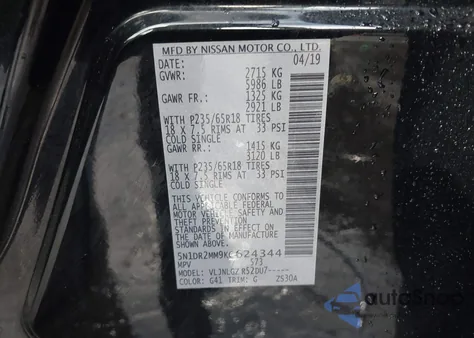 2019 Nissan Pathfinder Sl from USA, damaged, VIN 5N1DR2MM9KC624344